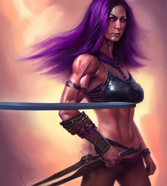 Prompt: muscular female warrior holding dagger shaft, perfect face, diadem, black halter top, purple hair, abs, cinematic, blush, stunning, athletic, strong, agile, highly detailed, psychedelic, digital painting, artstation, smooth, hard focus, illustration, art by jessica rossier and and brian froud