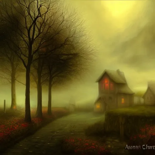 Prompt: unnatural fog settling over a quiet little village, high resolution, highly detailed, dark fantasy, night, by anne stokes, digital art