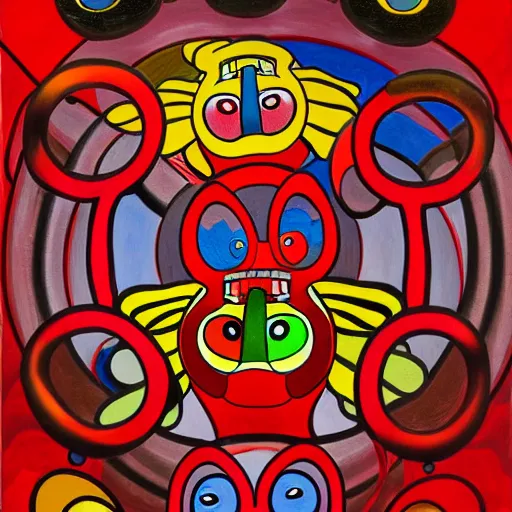 Image similar to Three bright red demons flying up from a desert canyon in the style of Takashi Murakami, highly detailed