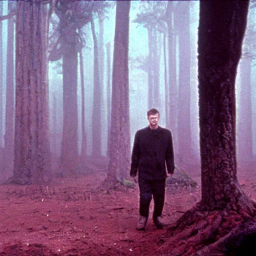 Image similar to a forest, in the background there is a young man wearing red clothes. still from blade runner.