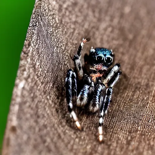 Image similar to a jumping spider using a tiny laptop, by pixar, macro lens, iridescent