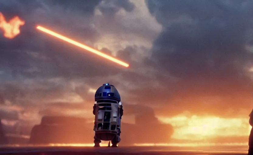 Image similar to iconic wide cinematic screen shot of luke skywalker downtrodden with r 2 - d 2, standing with a view of coruscant at sunset, from the thrilling scene from the hbo succession, moody cinematography, foggy volumetric lighting, hyper detailed scene, anamorphic lenses 2 4 mm, lens flare, award winning