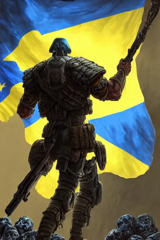 Prompt: a distant shot from behind of a Ukrainian super soldier with blue and yellow flag behind him standing alone on a huge pile of skulls as a winner, masculine muscular figure, D&D, fantasy, intricate, elegant, highly detailed, extremely detailed, digital painting, artstation, concept art, matte, sharp focus, illustration, art by Artgerm and Greg Rutkowski and Alphonse Mucha