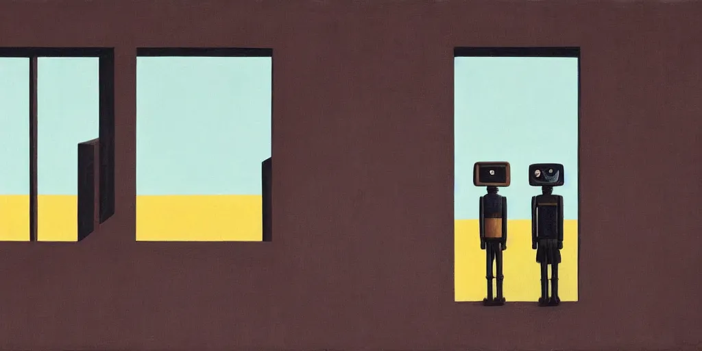 Image similar to a robot and a human standing next to each other staring out a window in the future, perfect symmetry, warm colors, in the style of gertrude abercrombie, whimsical, surreal, super focus, emotional colors, h 1 0 2 4
