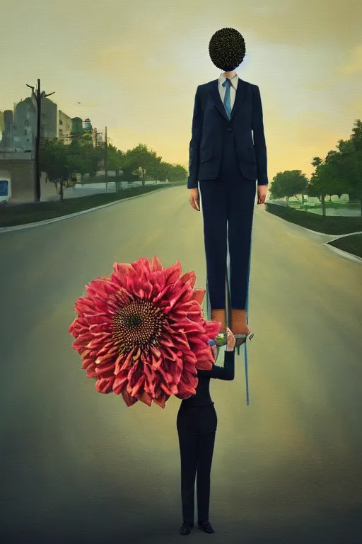 Prompt: portrait giant dahlia flower head, frontal, girl in a suit, standing in street, surreal photography, sunrise, dramatic light, impressionist painting, digital painting, artstation, simon stalenhag