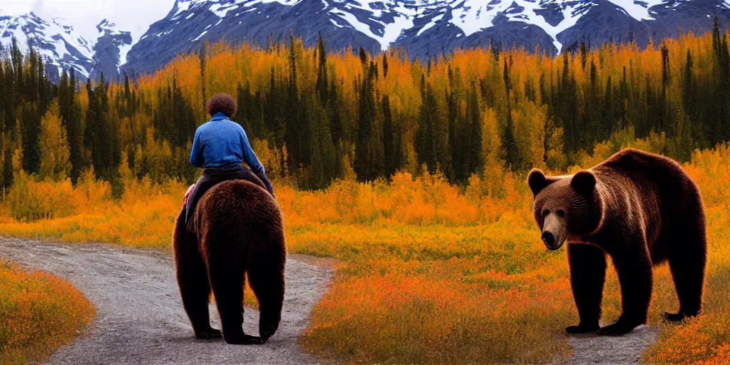 Image similar to back of bob ross riding on the back of brown bear in alaska at fall season, outdoor lighting, realistic, photo, national geographic photo, volumetric, fog