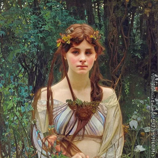 Image similar to a detailed, beautiful portrait oil painting of a girl who looks an 1 8 - year - old actress, with a surprised expression in an ancient forest, by donato giancola, alphonse mucha, and john williams waterhouse