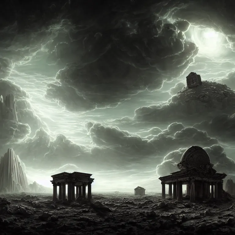 Image similar to surreal ancient alien abandoned temple on exoplanet, wrecked technology, dark clouds, surreal abandoned buildings, dream-like heavy atmosphere, baroque painting, beautiful detailed intricate insanely detailed octane render trending on Artstation, 8K artistic photography, photorealistic, dramatic volumetric cinematic light, chiaroscuro, Raphael, Caravaggio, Beksinski, Giger