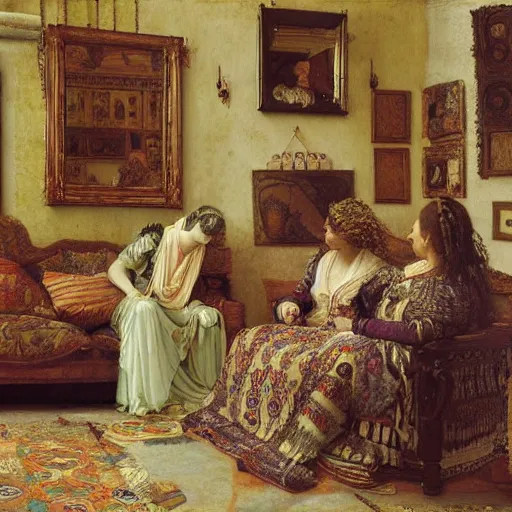 Image similar to a renaissance oil painting by Alma Tadema of a ghost inside an intricately decorated living room, pastel color scheme, digital painting, high detail