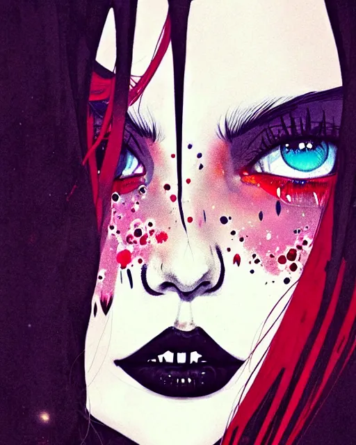 Prompt: close up, captivating, memorable, a ultradetailed beautiful photo of a unique woman wearing a hippy goth outfit standing too too too close, staring at you by conrad roset, greg rutkowski and makoto shinkai trending on artstation