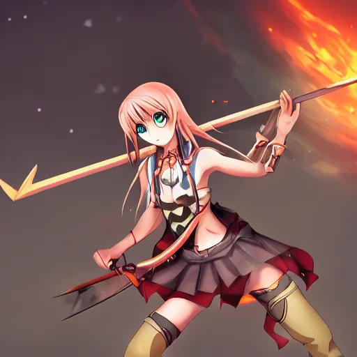 Image similar to anime girl holding a spear, action pose, highly detailed beautiful, pixiv