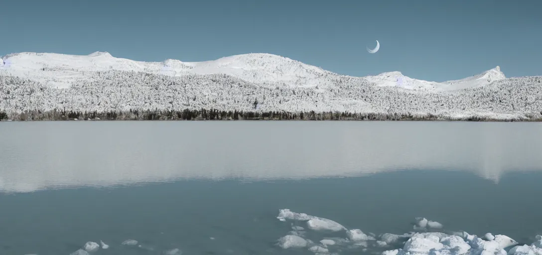 Image similar to lake in a totally white place with a moon