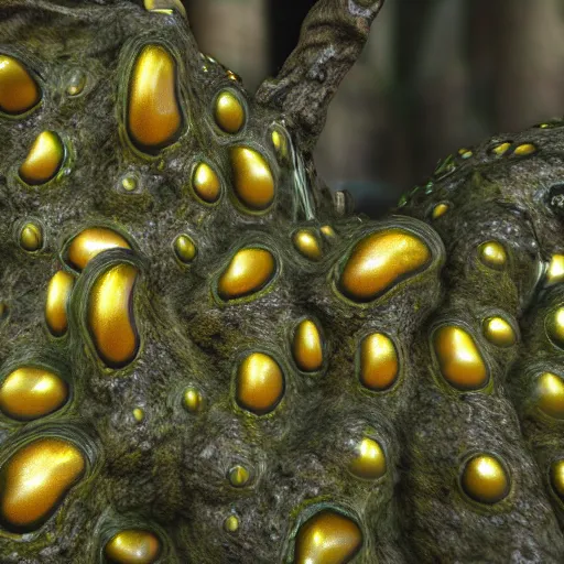 Image similar to golden teacher dropping spores, unreal engine, macroshot