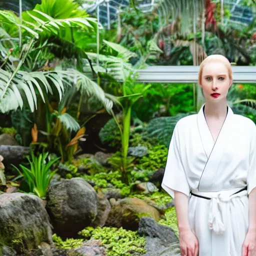 Prompt: close photo portrait of a pale skin woman wearing a white kimono in a tropical greenhouse