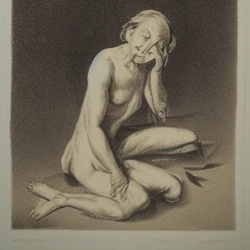 Prompt: the human condition is tragic, lithograph