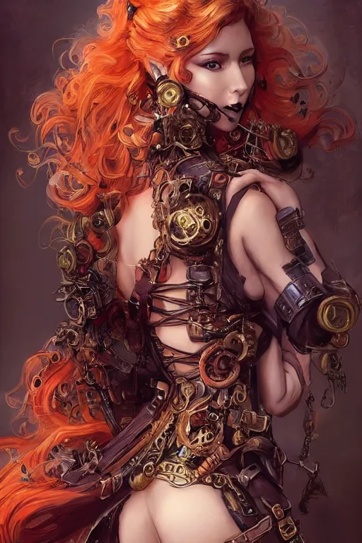 Prompt: portrait from behind of sensual Lady Mechanika, very beautiful young woman, ginger wavy hair, Intricate, steampunk imagery themed, D&D!, fantasy style, sharp focus!, ultra detailed, art by Artgerm and Peter Andrew Jones, WLUP