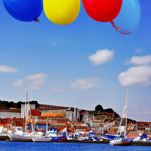 Image similar to photo of a lot of birthday balloons floating above a beautiful maritime port in bretagne. sharp focus, highly - detailed, award - winning