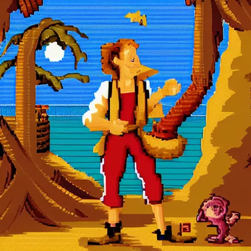 Prompt: Guybrush Threepwood discovers the secret of Monkey Island. High resolution Pixel art.