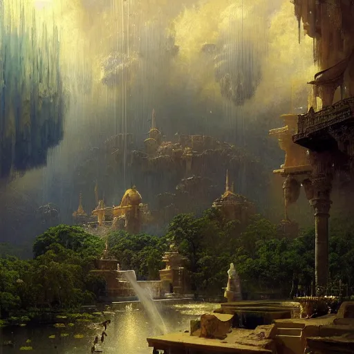 Prompt: a virtual 3D landscape of heaven where hundreds of ancient gods use music synth instruments and abstract tools to collaborate on new art forms, rendered in unreal, laser, futuristic, liquids, bubbles, polygons, nike, year 8199 in style of by Jeremy Mann and carl spitzweg and greg rutkowski