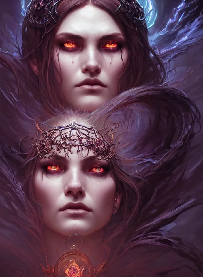 Image similar to Necromancer Sorceress face close-up macro in center, fantasy magic, undercut hairstyle, dark light night, intricate, elegant, sharp focus, illustration, highly detailed, digital painting, concept art, matte, art by WLOP and Artgerm and Greg Rutkowski and Alphonse Mucha, masterpiece