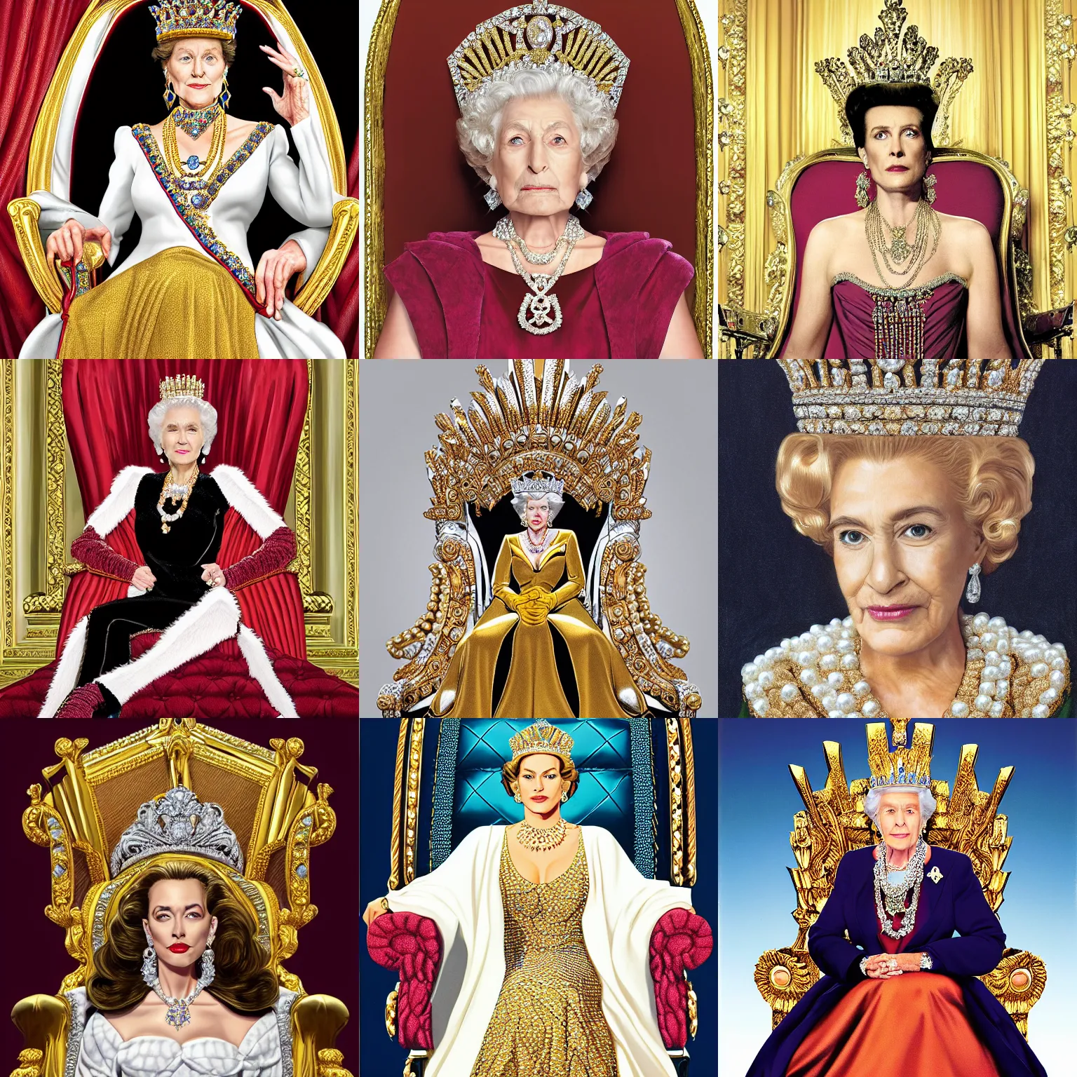 Prompt: regal gal godot sitting on queens throne royalty wearing royal mantle gold jewelry diamonds pearls jewels by alex ross
