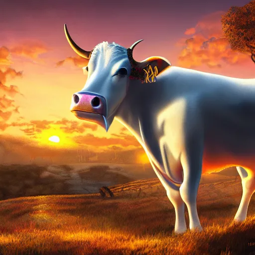 Image similar to fantasy cow looking at sunset, high detail, fantasy art, concept art, 4 k, ultra detail, computer art