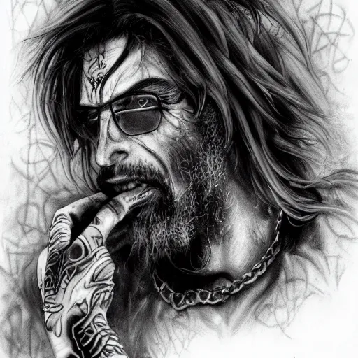 Image similar to portrait painting of an older tattooed biker with shaggy hair in a bar, sharp focus, ultra realistic, concept art, intricate details, eerie, highly detailed, photorealistic, dark, black and white, rpg art vampire the masquerade. art by josh timbrook