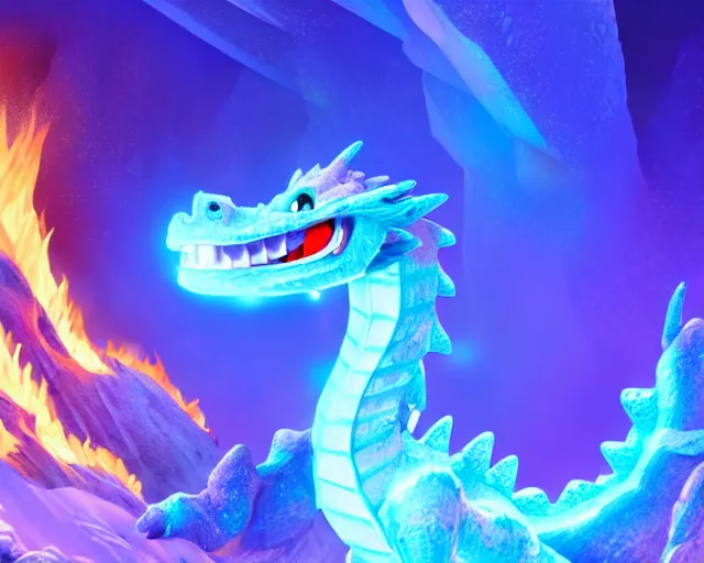 Prompt: film still of a fire ice crystal dragon in a blue glowing ice cave, torches,, treasure chests, disney, pixar, digital art, intricate, trending on artstation, deviantart, 8k, vibrant, high res