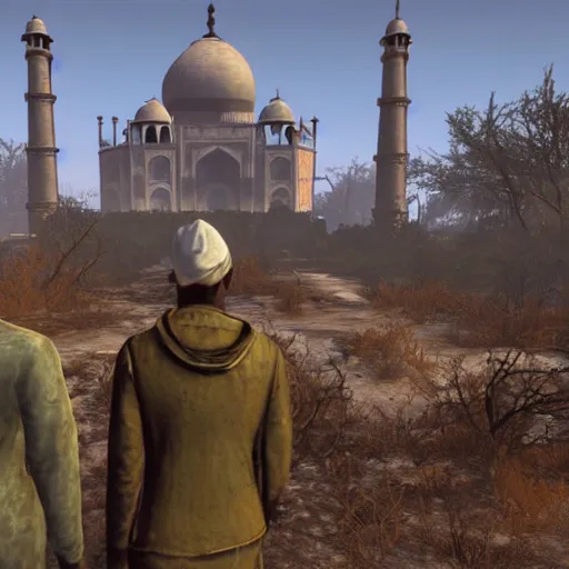 Image similar to taj mahal in ruins post - nuclear war in fallout 4, in game screenshot