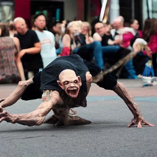 Image similar to gollum breakdancing