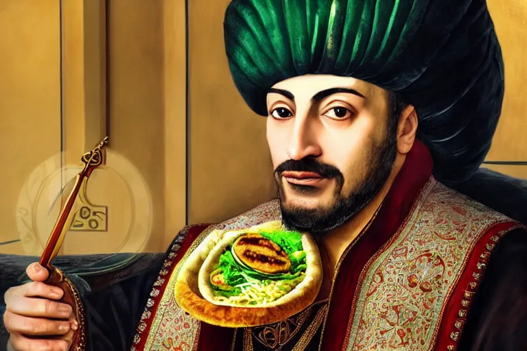 Prompt: Ottoman Sultan Mehmet IV eating shawarma in a restaurant, wearing big ovular turban and a luxurious Ottoman coat, green eyes, super realistic facial features, detailed face, Ottoman Sultanate, cheerful, expressive, photorealistic, hyperrealism, micro details, HDR Shot