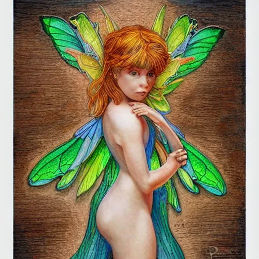 Image similar to Colored pencil art on paper, Wood Fairy, highly detailed, artstation, Caran d'Ache Luminance