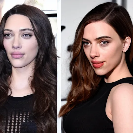 Image similar to a woman who is a genetic combination of kim kardashian and kat dennings and scarlett johansson and margot robbie and emma watson, face and upper - body focus, detailed eyes