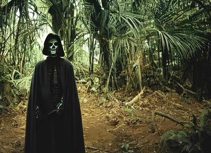 Image similar to screenshot portrait of skeleton in a jedi robe. outside the jedi temple in the jungle. Thriller directed by stanley kubrick, Photographed with Leica Summilux-M 24 mm lens, ISO 100, f/8, Portra 400