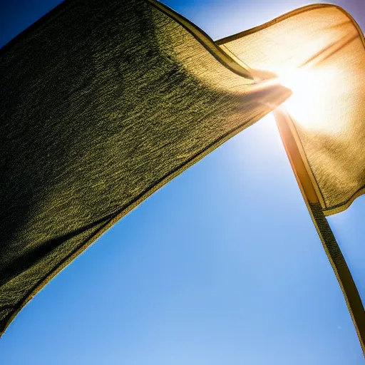 Prompt: low angle view from the bottom of a golf hole a golf flag waves in the wind, sunny day, photograph, 8K, 4K