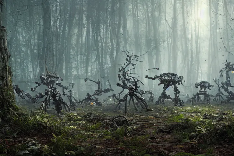 Image similar to 1 0 0 0 0 robots fightin in the forest, hyper realistic, ambient lighting, concept art, intricate, hyper detailed, smooth, dynamic volumetric lighting, octane, raytrace, cinematic, high quality, high resolution, 4 k, cgsociety, rutkowski, gurney, h. r. giger
