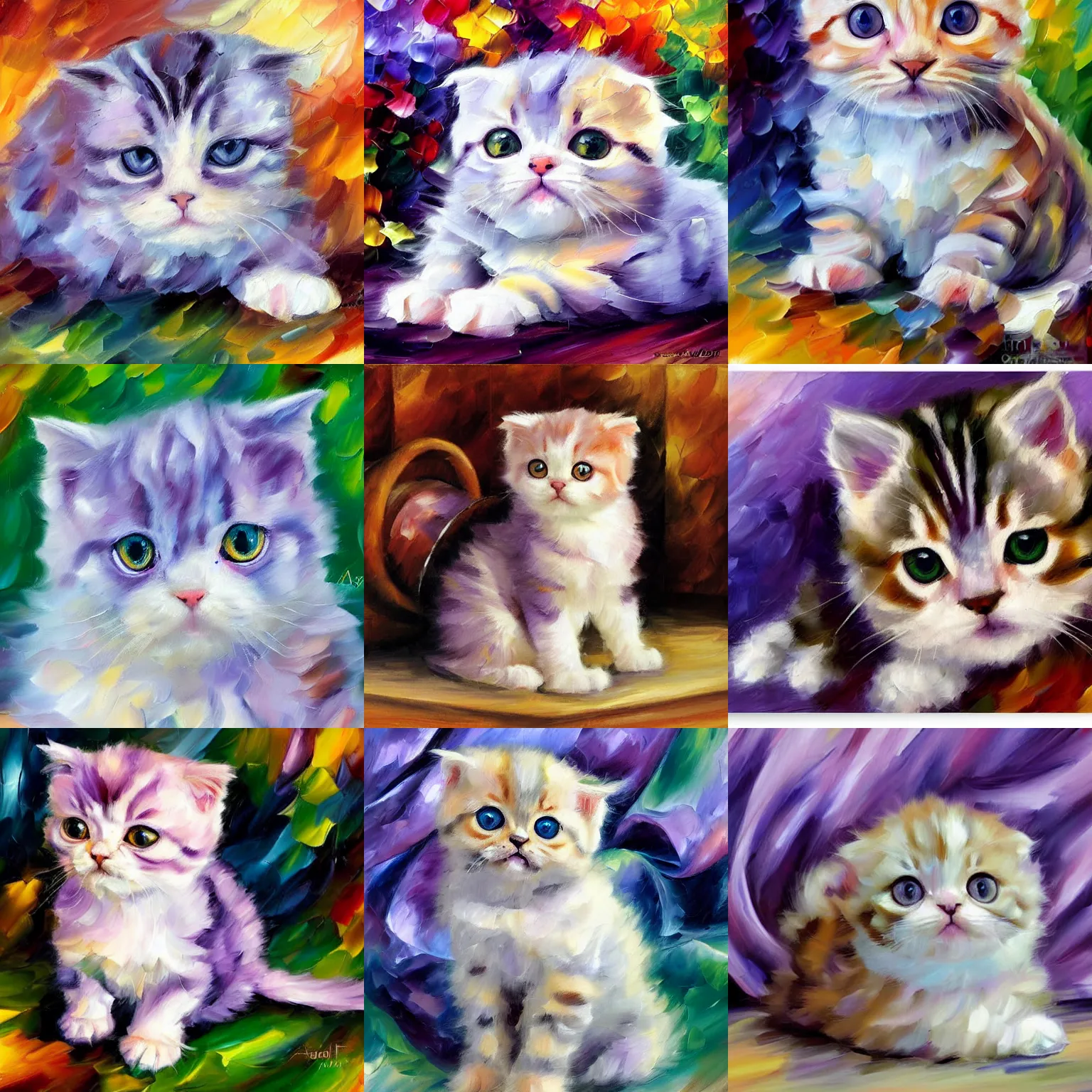 Prompt: Lilac-colored Scottish Fold kitten sitting, by leonid afremov