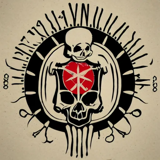 Image similar to an old coat of arms in a 1930s retro futurism style, with bones annd skulls