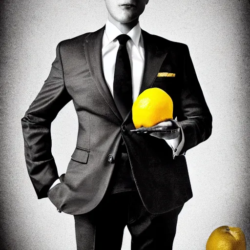 Image similar to A lemon wearing a suit and tie, full body portrait, vintage photo, ultra detailed, creative, dynamic lighting, cinematic, trending on art station