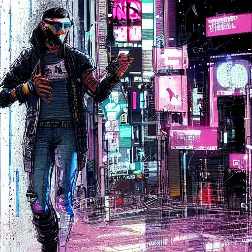 Prompt: javier. concept art of a perceptive cyberpunk artist in fashionable clothing. cyberpunk 2 0 7 7 character design by laurie greasley and sherree valentine daines. concept art of cyber city background by pascal blanche