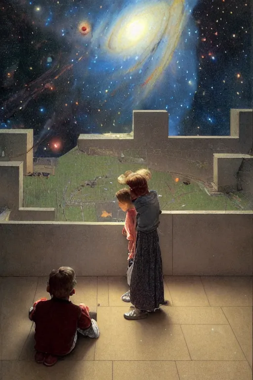 Prompt: a 5 year old boy and 1 2 year old girl looking at a wall and viewing the universe full of galaxies, part by norman rockwell, part by greg rutkowski, part by mattias adolfsson, high angle, ( ( ( ( volumetric lighting ) ) ) ), oil on canvas