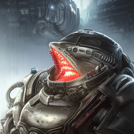 Image similar to Robot Penguin in Gears of War cover art,Shark teeth, ultra wide lens shot , tiny, small, short, cute and adorable, pretty, beautiful, DnD character art portrait, matte fantasy painting, eerie, DeviantArt Artstation, by Jason Felix by Steve Argyle by Tyler Jacobson by Peter Mohrbacher, cinematic lighting