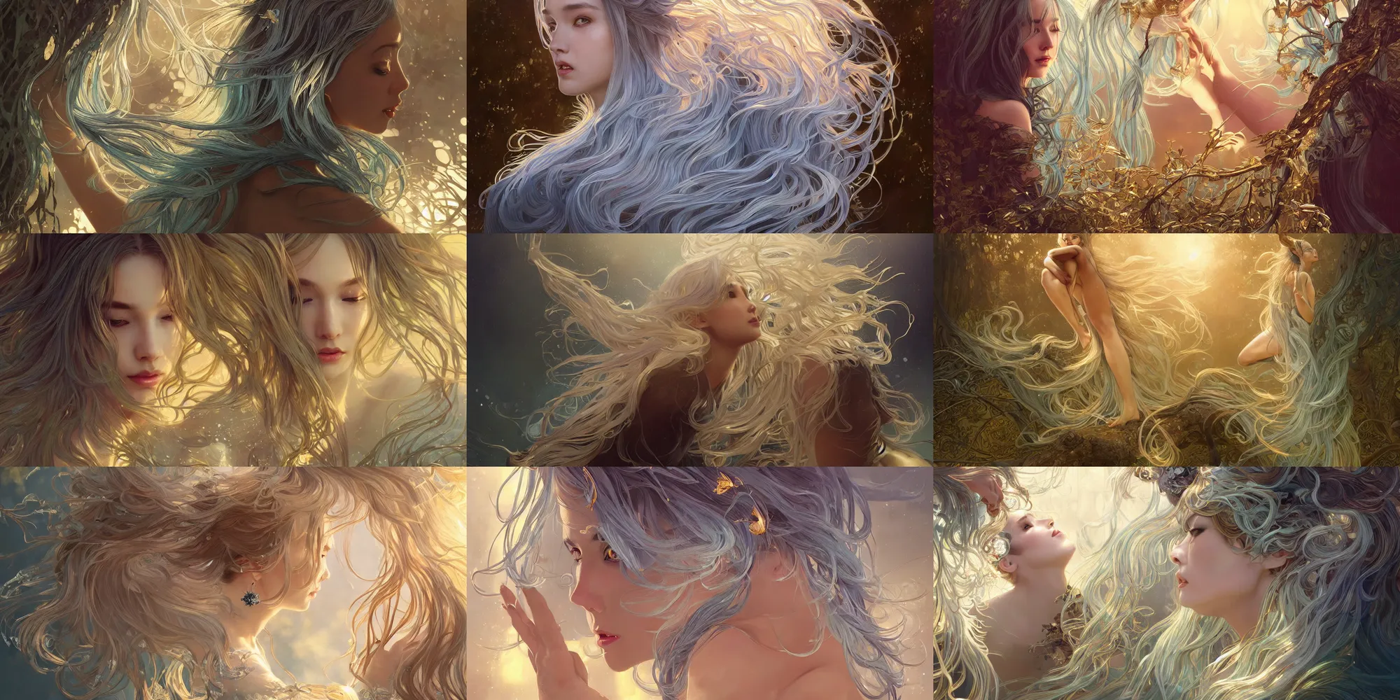 Image similar to wide angle panther, metallic silver and ice color reflected crystal hair, leaping from babaob tree, fantasy, intricate, very beautiful, elegant, golden light, highly detailed, digital painting, artstation, concept art, smooth, sharp focus, illustration, art by wlop and tian zi and alphonse mucha