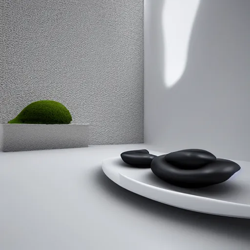 Image similar to white zen clean modern minimalist white room with small rock garden and bonsai tree by peter tarka in an ivory room well contoured smooth fair walls, up close shot, sharp focus, zen, clean, modern minimalist, zaha hadid octane highly render, 4 k, ultra hd,
