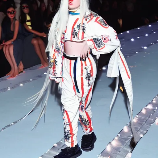 Image similar to Billie Eilish wearing gucci clothes during a fashion walk, award-winning photography, 4k