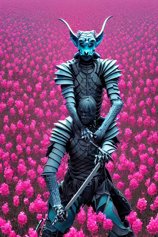 Image similar to hyperrealistic neo - gothic giant human gargoyle hybrid, exoskeleton armor, holding katana, field of pink flowers, highly detailed digital art masterpiece, vitaly bulgarov dramatic dark teal light, ground angle hd 8 k, sharp focus