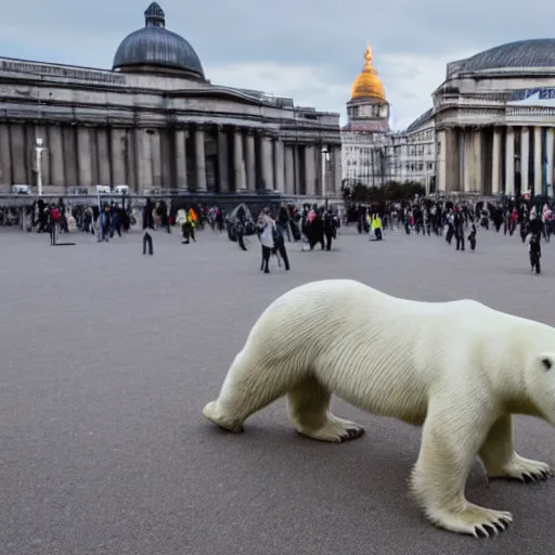 Prompt: polar bear walking across deserted trafalgar square