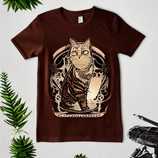 Prompt: art nouveau concert T-shirt design for heavy metal band “Kira” featuring tabby cat “Kira”, masterpiece, trending on artstation, cgstudio