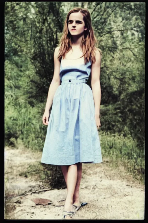 Prompt: color polaroid of Emma Watson by Andrei Tarkovsky full length shot, wearing in a summer dress