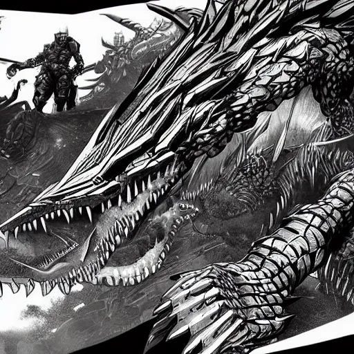 Image similar to sci - fi monster hunter, hyperdetailed, bw art by shinya tsukamoto